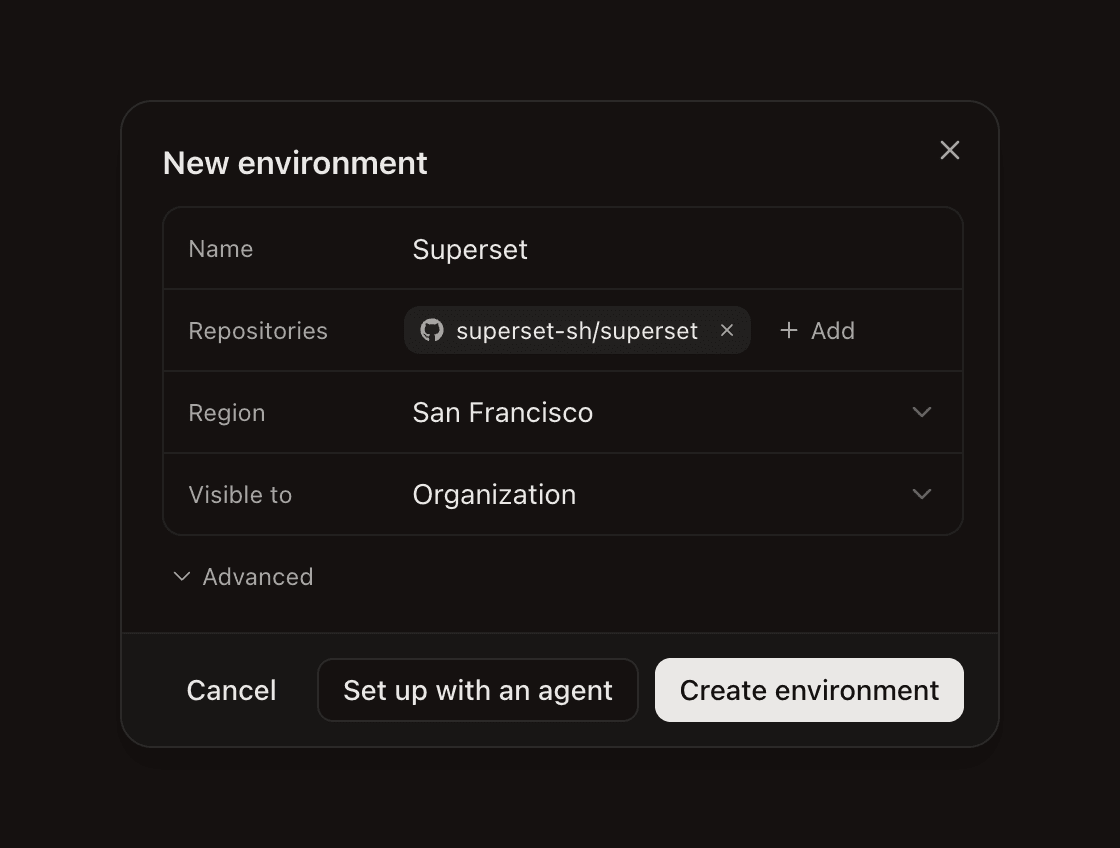 The New environment dialog with one repository, the region, and who can see it