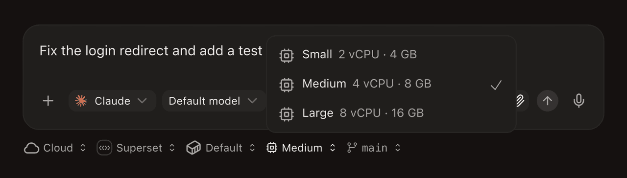 The new-workspace screen with Cloud picked and the machine size menu open
