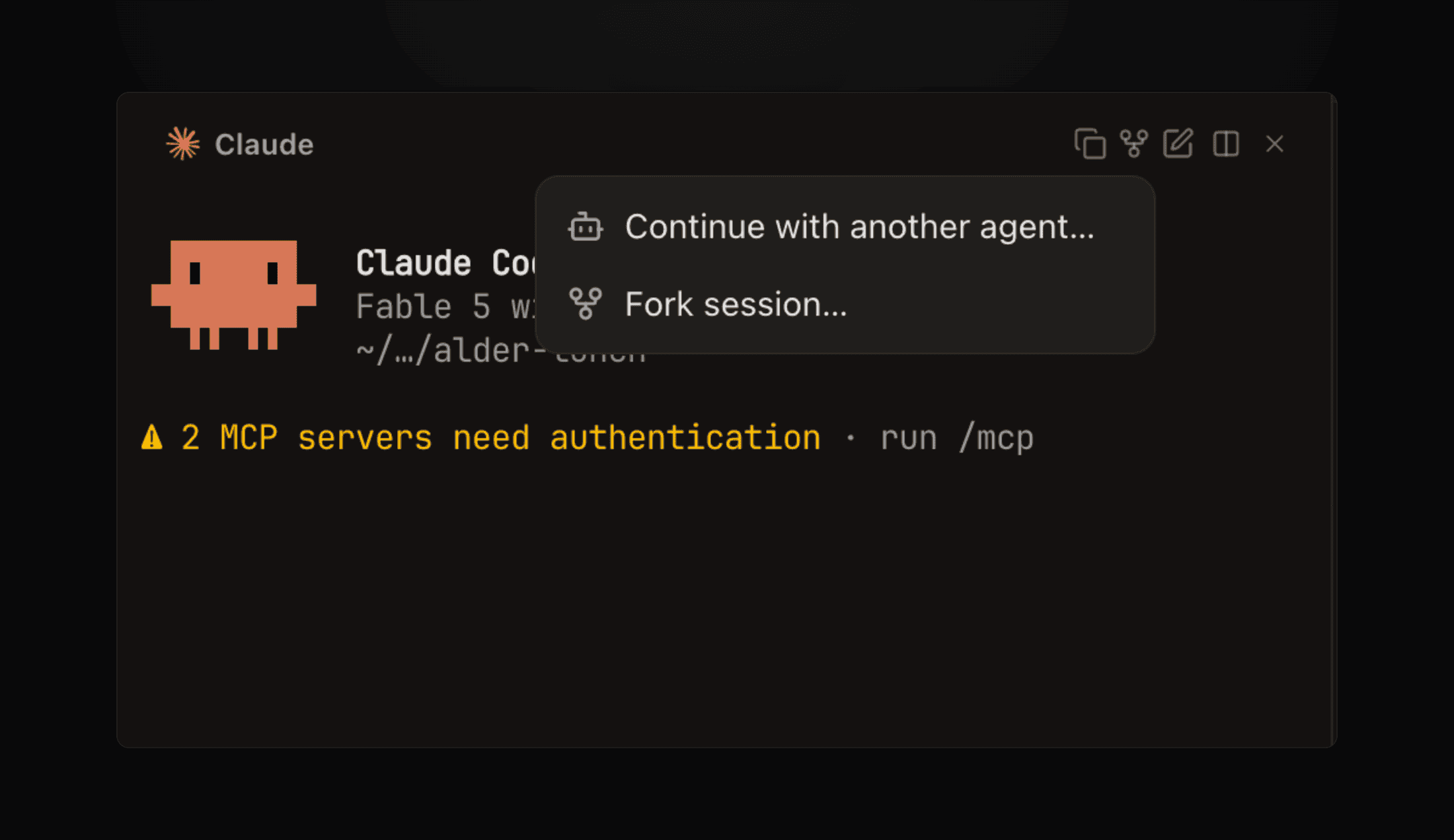 The fork icon menu on a Claude terminal with Continue with another agent and Fork session